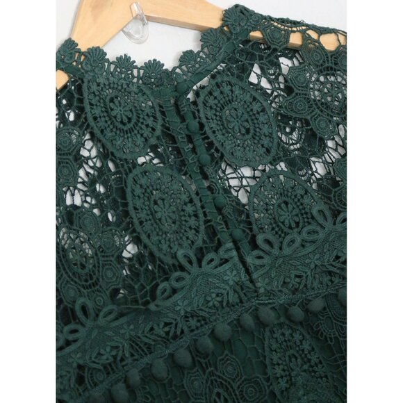 Tularosa Revolve Clayton Tunic Mini Dress L Hunter Green Pom Pom Trim Lace $210 - Picture 12 of 16